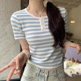 Cold And Light High-Grade Blue Color Striped Short-Sleeved Shoulder T-Shirt Women's Summer Stretch Waist Short Style Foreign Style T-Shirt