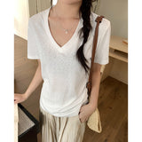 Basic Shoulder V-Collar Short-Sleeved T-Shirt Women's Summer New Korean Version Of Slim Design Feel Bottomed Shirt Casual Top Trend