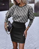 Yipinpay Independent Station Autumn New Fashion Printed Waist Round Collar Long-Sleeved Dress