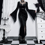 Yipinpay Autumn Style New Style Slim Velvet Dress With Dark Goth Horn Sleeves Tied With Forks