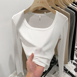 2025 New Spring And Autumn Style Threaded Square Collar Long-Sleeved T-Shirt Women's High Waist Leaky Navel Minority Solid Color Undercoat