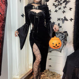 Yipinpay Halloween New Women's Dress Suit Hat Horn Sleeve Spider Web Dress