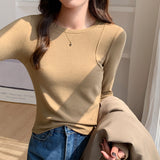 Yipinpay Casual Simple White Round-Collar Long-Sleeved Bottomed Blouse For Girls In Autumn, A Slim And Slim Blouse