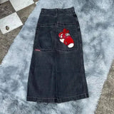 Yipinpay Street Boy Jeans Y2K Hip-Hop Cartoon Embroidery Vintage Blue Jeans Pants Man