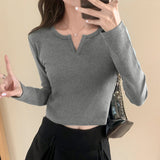 Yipinpay White Long-Sleeved T-Shirt For Women With Autumn And Winter Spicy Girls Short Style Slim V-Collar Bottomed Blouse