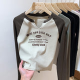 European Shoulder V-Collar T-Shirt Women's Long-Sleeved Spring And Autumn Decoration With Threaded Bottomed Shirt And Short High-Waist Chic Blouse