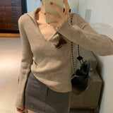 Yipinpay Lapel Folded Into Solid Color Long-Sleeved Knitted Sweater A New Style V-Collar Underwear In Autumn And Winter