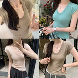 Basic Solid Color U-Collar Short-Sleeved T-Shirt Women's New Springy Slim, Simple And Easy To Wear In Summer