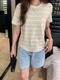 College Style Rainbow Striped Round-Neck T-Shirt Women's Summer Loose Style Vintage Blouse Design Sense Minority