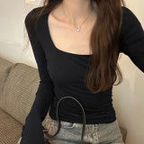 Yipinpay Collar Spice Girl Shoulder Long-Sleeved T-Shirt A New Autumn Style Slim And Thin Bottomed Shirt With A Pure Desire Blouse