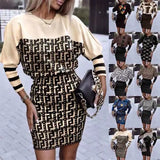Yipinpay Independent Station Autumn New Fashion Printed Waist Round Collar Long-Sleeved Dress