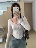 Yipinpay Girls Tight Agaric Edge V-Collar Long-Sleeved T-Shirt Women's Autumn New Thin Bottom Shirt Soft Waxy Inner Coat