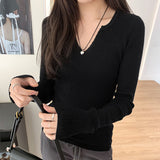 White V-Neck Knitted Long-Sleeved T-Shirt Women's New Spring And Summer Style Slim And Thin Bottomed Shirt With A Shoulder Blouse