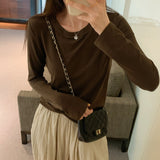 Yipinpay Color Round Neck Slim Long-Sleeved T-Shirt Women's New Style Casual Shirt With Straight Shoulders In Autumn And Winter