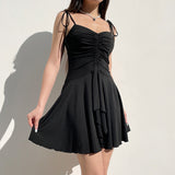 Sweet Maiden Fold Design V-Collar Halter Waist Dress Ins Trend Age-Reducing Little Black Dress 2024 Styles