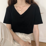 2025 Summer New Threaded Pure Color Short-Sleeved Knitted V-Collar T-Shirt Design Feeling Bottomed Blouse