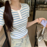 Cold And Light High-Grade Blue Color Striped Short-Sleeved Shoulder T-Shirt Women's Summer Stretch Waist Short Style Foreign Style T-Shirt