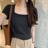 Korean Version Of Knitted Short-Sleeved T-Shirt Women's New Summer Slim Thin Solid Color Full-Length Short-Style Blouse Ins
