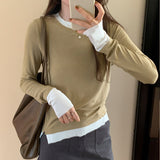 Yipinpay Collision Design Two Long-Sleeved T-Shirts Women's Autumn And Winter New Slim Cashmere Warm Bottomed Blouse