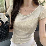 Korean Minority Design Temperament Texture Fabric Spliced Shoulder Short-Sleeved T-Shirt Women's Summer 2024 New Blouse