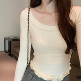 Yipinpay U-Collar Long-Sleeved T-Shirt Women's New Autumn Design Style Underneath A Slim And Slim Blouse