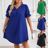 Yipinpay Independent Station Spring And Summer New V-Collar Short-Sleeved Solid Color Large-Size Dress