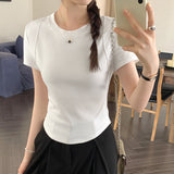 Solid Color Shoulder Short-Sleeved T-Shirt Women's Summer 2024 New Slim And Thin Fishbone Line Base Short Blouse