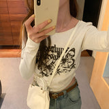 Yipinpay Print Pleated Long-Sleeved T-Shirt Women's New Autumn Design Short-Style Bottomed Shirt With Underwear