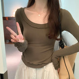 Yipinpay U-Collar Long-Sleeved T-Shirt Women's New Autumn Design Style Underneath A Slim And Slim Blouse