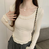 Yipinpay U-Collar Long-Sleeved T-Shirt Women's New Autumn Design Style Underneath A Slim And Slim Blouse