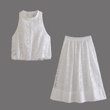 Yipinpay Summer Style Hollowed-Out Embroidered Sleeveless Blouse Loose Waist Embroidered Flute Skirt Suit