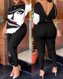 Yipinpay Autumn New Women's Fashion Leisure Bare-Back Printed Trousers Suit