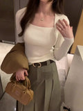 Yipinpay Retro Style Pure Desire Square Collar Slim Long-Sleeved Pullover Sweater With Sexy Bottom In Autumn And Winter