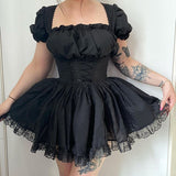 Yipinpay Shoulder Lace Spliced Dress Dark Style Waist Shows A Thin And Fluffy Short Skirt Woman