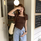 Shoulder Women's T-Shirt Shows A Sense Of Thin Short-Sleeved Design Minority Pleated Irregular Slimming Blouse Square Collar Clavicle T-Shirt
