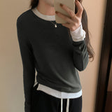 Yipinpay Collision Design Two Long-Sleeved T-Shirts Women's Autumn And Winter New Slim Cashmere Warm Bottomed Blouse