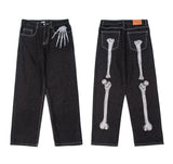 Yipinpay Street Skeleton Black Jeans Men's Hip-Hop Straight Loose Harajuku Casual Floor Jeans