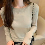 Yipinpay Color Round Neck Slim Long-Sleeved T-Shirt Women's New Style Casual Shirt With Straight Shoulders In Autumn And Winter