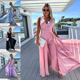 Yipinpay Summer And Autumn New Deep V Jumpsuit INS Sexy Waist Wide Leg Sleeveless Jumpsuit