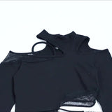 Yipinpay Autumn New Sexy Hollowed-Out Slim Long-Sleeved Street Trendsetter Asymmetrical Mesh Stitching Blouse Girl