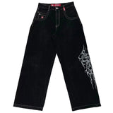 Yipinpay Baggy Jeans Street Hip-Hop Rock Pattern Harajuku Wide-Legged Straight-Leg Pants