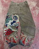 Yipinpay Loose Wide-Leg Retro American High-Set Retro Black Patchwork Hole Jeans Hip-Hop
