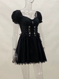 Yipinpay Cross Print Strap Shoulder Lace Spliced Dress Dark Sexy Slim Princess Dress