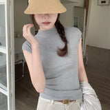 Black Style Round-Neck Knitted Short-Sleeved T-Shirt Women's Summer New Tight And Thin Undercoat