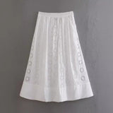 Yipinpay Summer Style Hollowed-Out Embroidered Sleeveless Blouse Loose Waist Embroidered Flute Skirt Suit