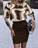 Yipinpay Independent Station Autumn New Fashion Printed Waist Round Collar Long-Sleeved Dress