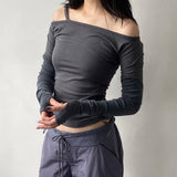 Spicy Girl Style Solid Color Collar Shoulder Rope Slim Long-Sleeved Functional T-Shirt 2024 Spring New Style
