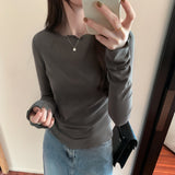 Yipinpay Round Collar Solid Color Elastic Long-Sleeved T-Shirt Women's Autumn And Winter New Basic Inner Bottom Top