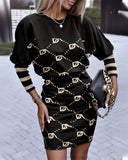Yipinpay Independent Station Autumn New Fashion Printed Waist Round Collar Long-Sleeved Dress
