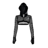 Yipinpay Summer New Dark Wind Personality Trend Self-Building Leather Printed Mesh Hoodie Blouse Women's Dress